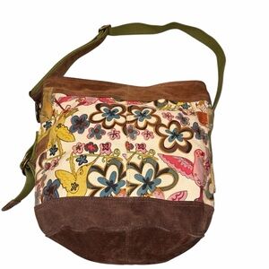 Lucky Brand Canvas & Leather Hummingbird Bucket Bag Tote Hobo Satchel Purse